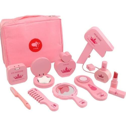 Children Simulation Beauty Cosmetic Bag Pretend Play Hair Dryer Make Up Set Girls Wooden Toys Early Educational Toys Kids Gifts
