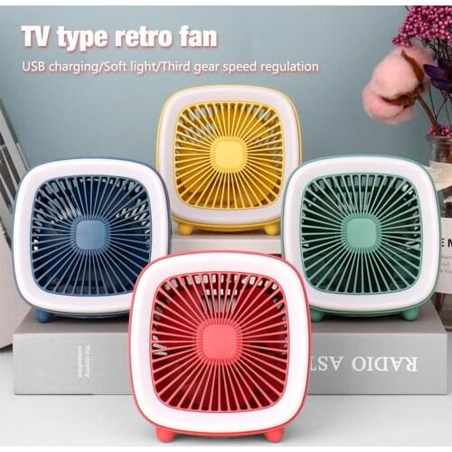 Summer 3 Speeds USB Rechargeable Retro Style Cool Mini Fan TV Type Fan with LED Light Desktop Table Fan