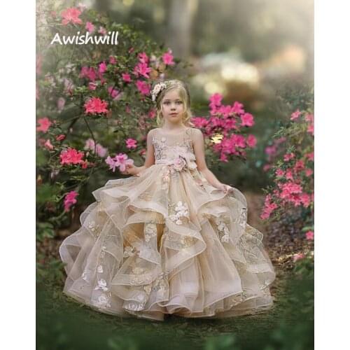 2021 New Lovely Flower Girl Tulle Tiered Skirts A- line Kids Birthday Gowns