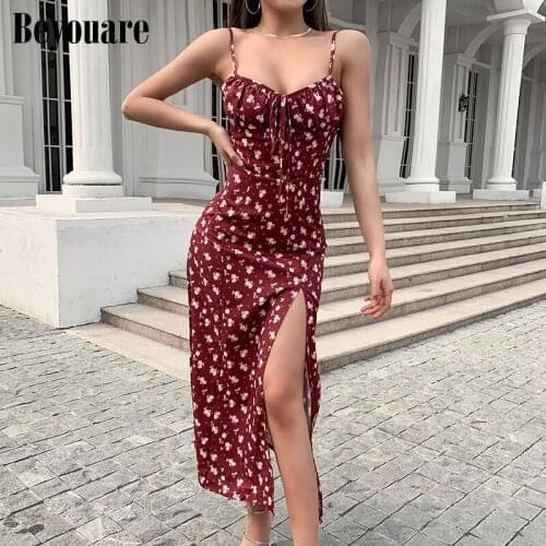 Beyouare Elegant Beach Style Women Dress Flower Print Spaghetti Strap Strapless Split Mid-Calf Dress 2021 Summer Sexy Streetwear