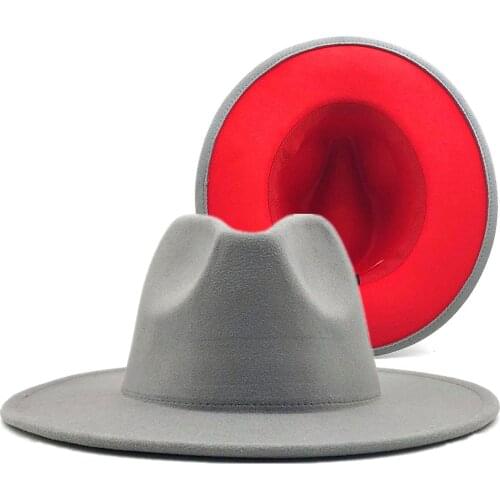 Gray red Patchwork Wool Felt Jazz Fedora Hat Women Unisex Wide Brim Panama Party Trilby Cowboy Cap Men Gentleman Wedding Hat XL