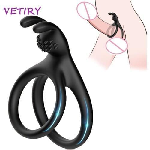 VETIRY Silicone Rabbit Penis Ring Penis Enlargement Scrotum Bind Dual Ring Delay Ejaculation Sex Toys for Men Erection Cock Ring