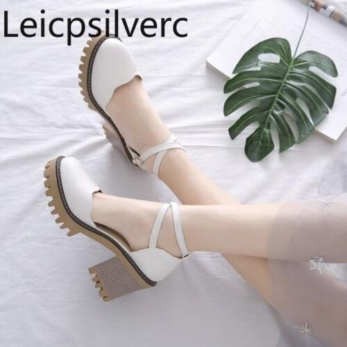 Pumps Spring and autumn new style Round head Shallow mouth Buckle Thick heel mid heel Womens shoe plus size 33-43
