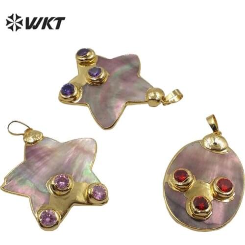 WT-JP205 Cute star/oval pendant Natural pink shell with Cubic Zirconia charm pendant gold trim with multi color CZ stone pendant