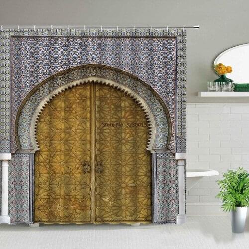 Moroccan Yellow Antique Arched Doors Shower Curtains Old Vintage Wooden Door Bathroom Waterproof Fabric Bath Curtains With Hooks