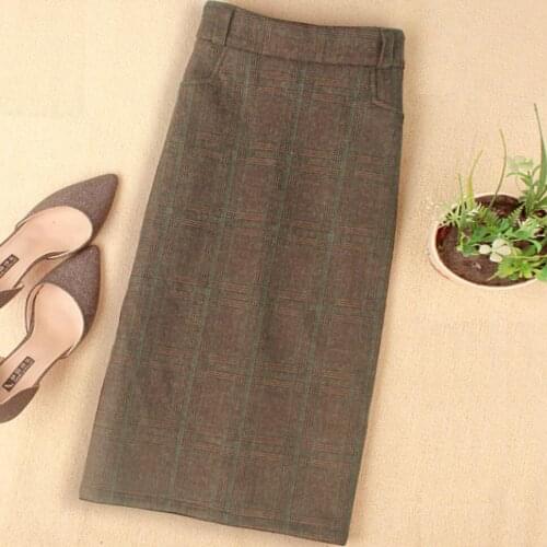 Plus size 2XL 2021 Autumn Winter Women Elegant Plaid Skirt High Waist Retro package hip Woolen pencil Skirt