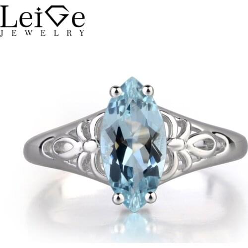 Leige Jewelry Natural Aquamarine Light Green Color Solitaire Rings For Woman March Birthstone Wedding Bans 925 Sterling Silver