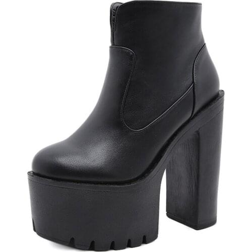 High Quality Motorcycle Boots Women Leather Spring Autumn High Heels Shoes Zipper Black Ankle Boots Woman Punk Shoes 35-42