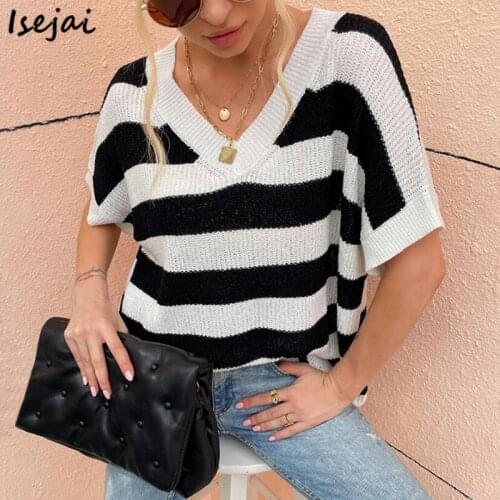 Short sleeve V-neck Striped Sweaters Women Summer Autumn Loose Casual Pullover Jumpers New