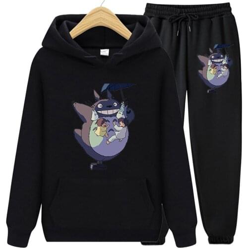 Harajuku Totoro Studio Ghibli Winter Black 2 Pieces Set Women Casual Hoodies Sweatshirt Long Pants Tracksuit Suit Oversized