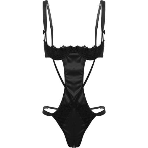 Womens One-piece Erotic Lingerie Open Cup Underwired Push Up Bra Costume Underwear Thong Backless and Crotchless Teddy Bodysuit