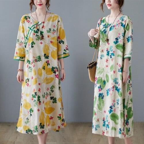 Chinese Style Ethnic Print Vintage Print Cheongsam Women Long Dress Summer Half Sleeve O-neck Elegant Simple Female Midi Dresses
