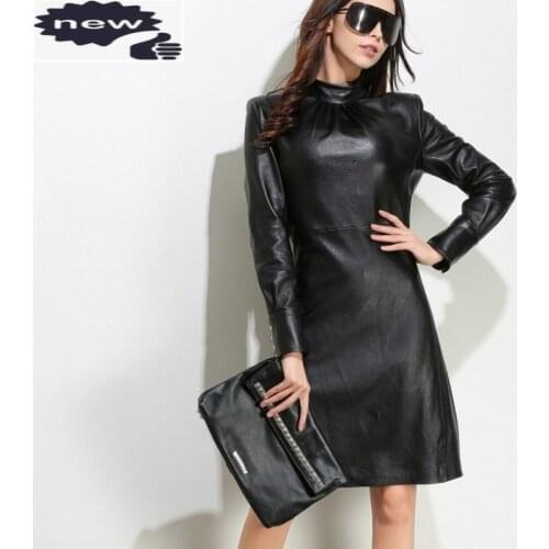 Punk Style Womens Zipper Long Sleeve Stand Collar Dress Female New Fashion Vestidos Genuine Leather Button Slim Robe Femme Black