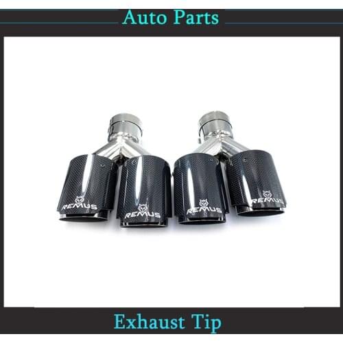2PCS Remus Logo Dual Glossy Carbon Fiber Exhaust Tip 304 Stainless Steel Exhaust Pipe Straight Flange Muffler Tip For Volvo BM-W