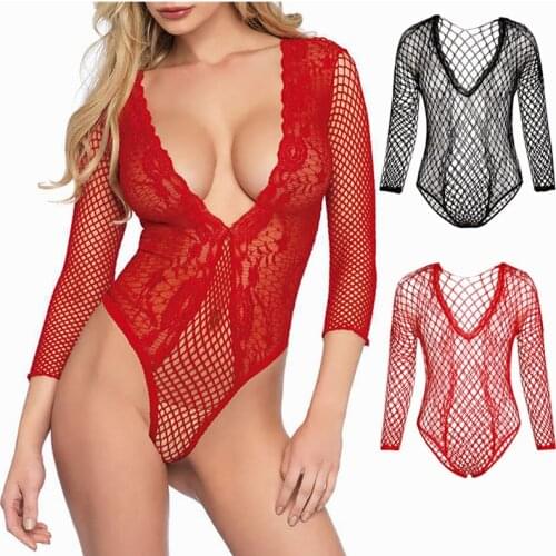 2021 Women Transparent Bodysuit Sexy lingerie Sleepwear Fishnet Mesh See -through Deep V Teddies Catsuit Erotic costume Sex shop