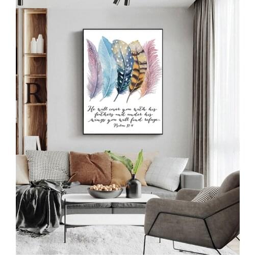 Canvas Print Painting Bird Feather Scripture Christian Abstract Quotes Art Home Decor Wall Picture Bible Verse Psalm 91:4 Poster