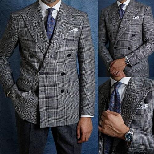 Plaid Formal Woolen Man Suit Jacket Smart Casual Double Breasted Wram Party Evening Winter Thick Fashion