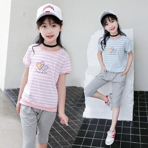 Hot New 2019 Summer Girls Striped Clothing Set Big Girls Clothes Short-sleeve T-shirt Cropped Trousers Kids Sport Suit