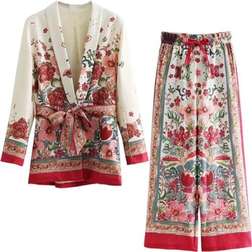 Printing girdle pants suit jacket waist wide leg pants suit pants fashion women