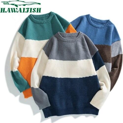Pullover 2021 mens sweater mens spring and autumn new casual round neck sweater Korean retro color matching sweater couple top