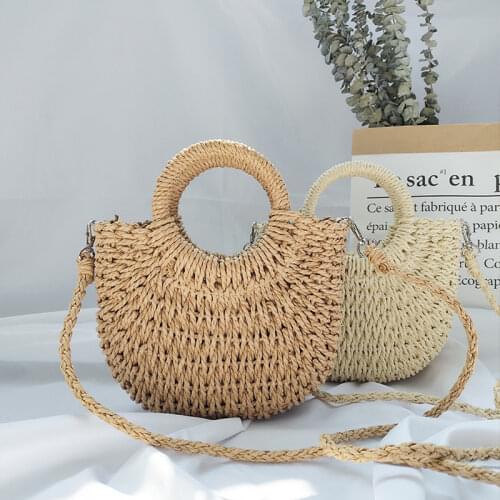 2021 New Handmade Beach Bag Half-Round Rattan Woven Straw Bag Summer Women Messenger Crossbody Bags Girls Small Beach Handbag