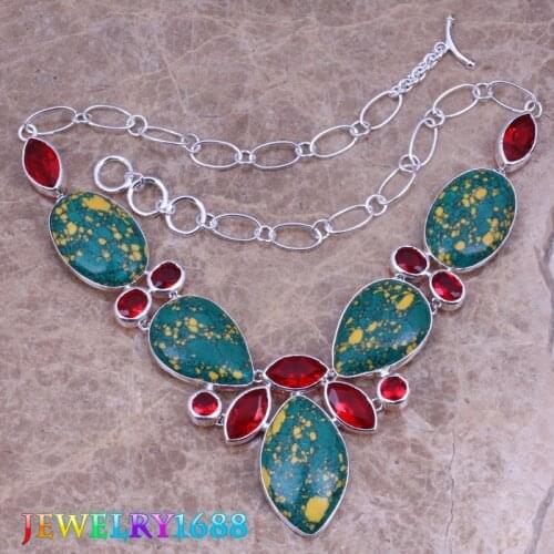Shiny Green Natural Stone Red Garnet Silver Plated Grade Necklace L531