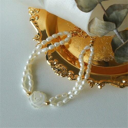 Handmade Double Layer Freshwater Pearls Charm Bracelet Vintage White Shell Rose Bracelet For Women Boho Jewelry Gift