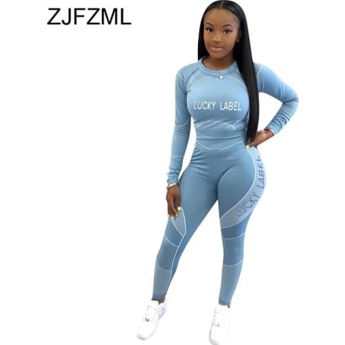 Lucky Label Letter Print Long Sleeve Bandage Crop Top Striped Spliced Slim Legging Activewear Outfits High Street Two Piece Set