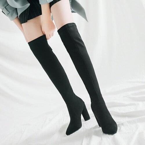 Suede high heel thin boots winter new knee high boots thick heel elastic womens Boots
