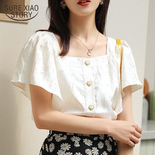 Summer New Solid Square Collar Blouse with Button Clavicle Short Sleeve Womens Shirts Women Korean All-match Top Female 10082