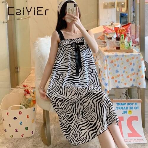 CAIYIER Summer Women Nightdress Bow Suspender Dress Sexy Leopard Grain Silk Printing Girl Sweet skirt Condole Belt Sleeveless