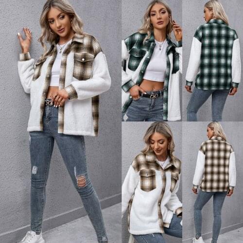 Women Vintage Plaid Patchwork Fleece War Jacket 2021 Autumn Winter Casual Loose Oversize Plush Shirt Jacket Thick Jacket Coat