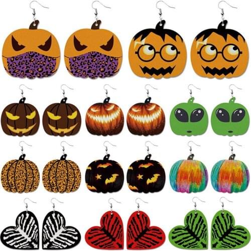 2021 Newest All Hallows' Day Earrings Bat Print PU Leather Pumpkin Lantern Earrings for Women Fashion Jewelry Free Shipping