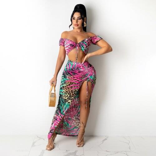 2021 High Quality New Design 2 pcs Women Set Print Bandage Slash Neck Short Tops Maxi Dress Summer Beach Outfits