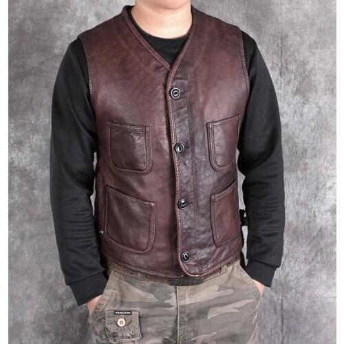 Japanese Vintage Leather Vest Mens Genuine Leather Sheepskin Sleeveless Jackets Biker Vest Casual Waistcoat High Quality