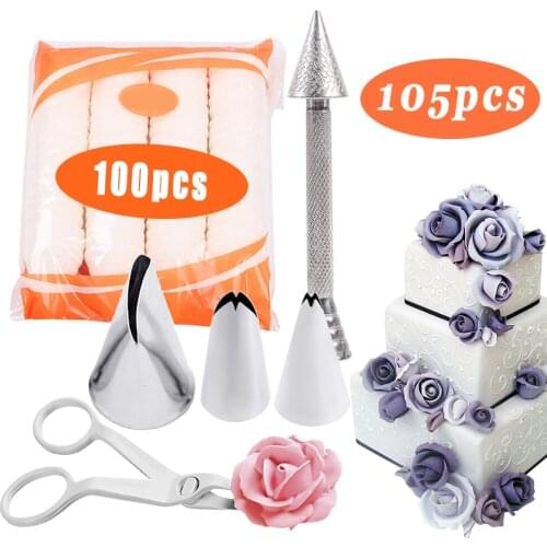 105PCS Russian Icing Piping Nozzles Flowers Torus Cake Decoration Stand Nail Needle Pastry Baking Tools Cake Aluminium Alloy Rod