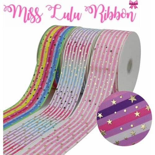 3"75mm Shiny Star Gold Foil Rainbow Stripes Printed Grosgrain Ribbon DIY Wedding Party Decor Hair Bowknots 50yards/roll