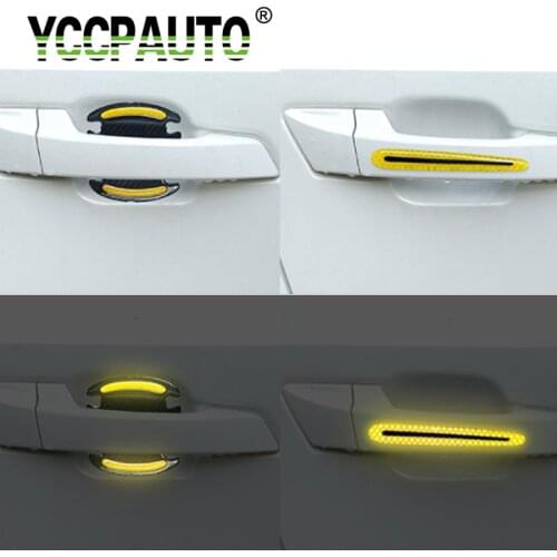 YCCPAUTO 4Pcs Reflective Car Sticker Carbon Fiber Door Bowl Anti-scratch Tape Auto Handle Reflective Strips Warning Stickers