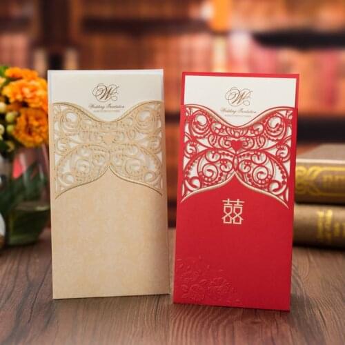 50pcs/lot Gold Red Laser Cut Wedding Invitations Card Vertical Save The Date Bridal Shower Marriage Invitations Party Supplies