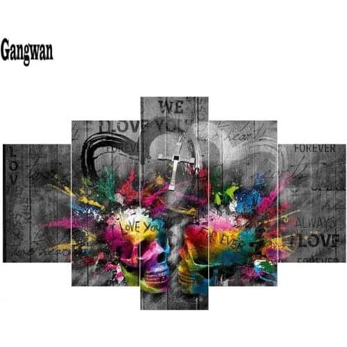 Diamond painting 5 panels Sales Skull couple wall painting full square round 5d diy Diamond Embroidery color skull Cross Stitch