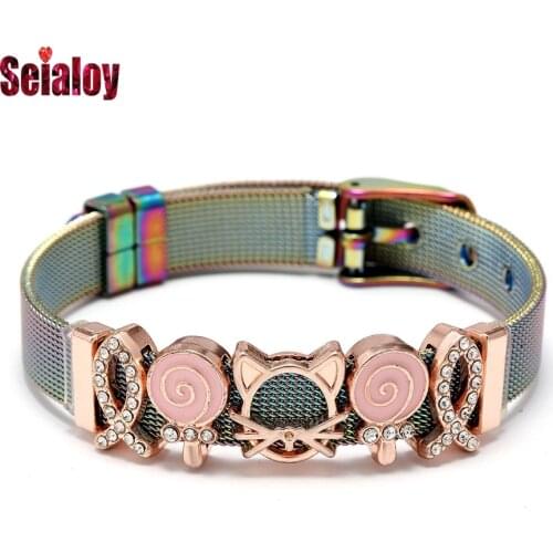 Seialoy Rose Gold Cat & Fish Beaded Charm Stainless Steel Mesh Bracelets For Men Fashion Watch Belt Beaded Bracelet Bangle