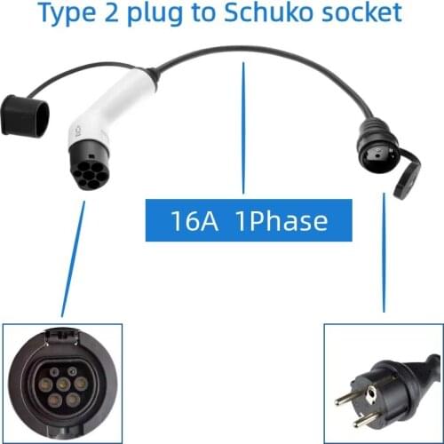 EV Adapter 16A Electric Vehicle Charging Cable Type 2 IEC 62196 to Schuko Plug Charger 1-Phase