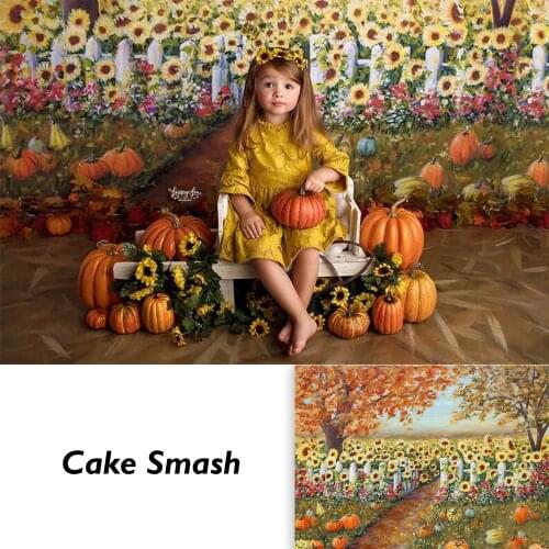 Sunflowers field Backdrop for Photography Vintage Oil Painting Pumpkin Birthday Theme Cake Smash Portrait Background for Photo