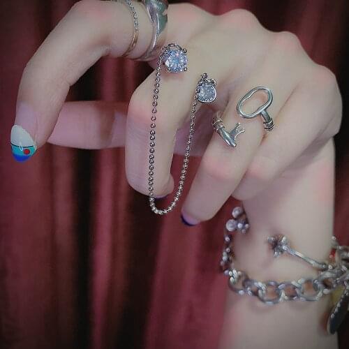 HUANZHI 2020 Vintage Tibetan Silver Geometric Irregularity Oval Long Chain Tassel Rhinestones Metal Opening Rings for Women