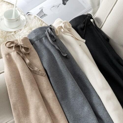 Korean Autumn Knitted Wide Leg Pants Women Solid High Waist Casual Straight Pants Female Plus Size Drawstring Loose Long Trouser