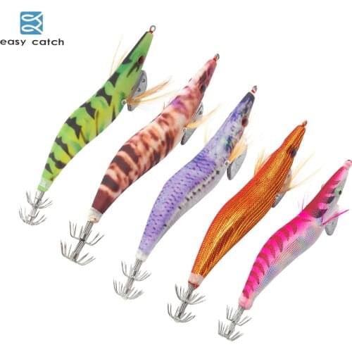 EASY CATCH 5PCS 10pcs Squid hook Jig wood shrimp Prawn Luminous Tail Artificial Cuttlefish Octopus Lures Tackle for fishing