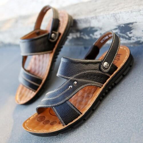 Summer Mens Leather Sandal Soft Comfortable Massage Sole Men Shoes Beach Sandals Hiking Sandals Half Slippers Walwneth Size38-48