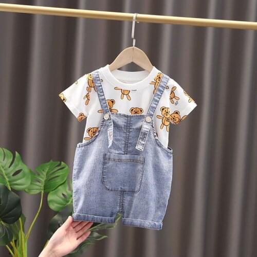 Summer Clothes Set For Newborn Boys And Girls Cartoon Bear Jacket Denim Overalls Rompers 1-3 Years Old