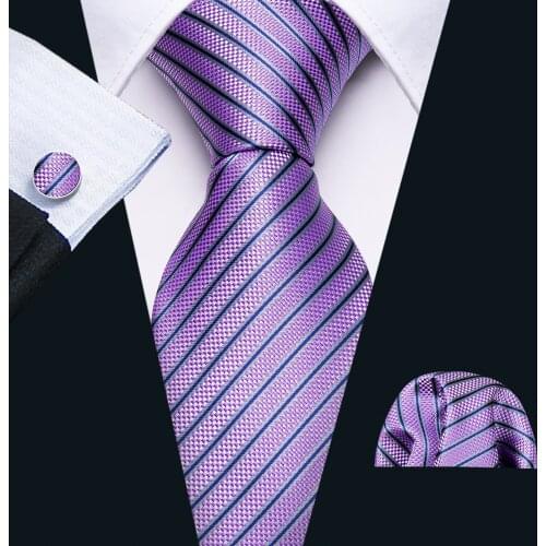 Fashion Purple Striped Men Tie Set 8.5cm Silk Neck Ties For Men Wedding Business Handkerchief Cufflink Tie Barry.Wang FA-5307