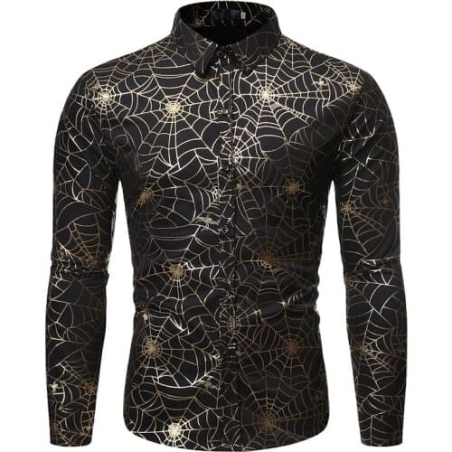 Mens Nightclub Button Down Dress Shirt Tuxedo Shirts 2020 Luxury Brand Spider web Bronzing Print Shirt Men Camisa Masculina